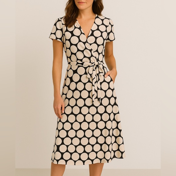 Banana Republic Polka Dot Wrap Dress Size 0 Puff Sleeve Midi Office Classic - Picture 1 of 8